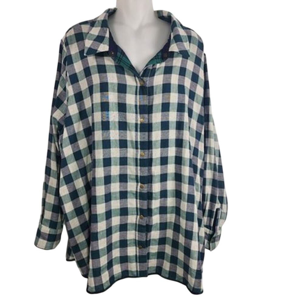 Joan Rivers Womens Cotton Plaid Reversible Boyfriend Shirt 2X Navy Emerald Snap - Picture 11 of 14